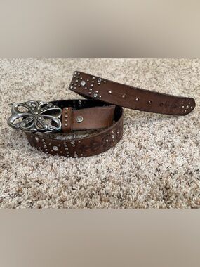 Studded Brown Leather Belt with Decorative Buckle